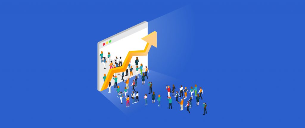Isometric graphic of a diverse group gathering around a large speech bubble with an upward arrow, representing the successful community engagement strategies of a Growth Agency.